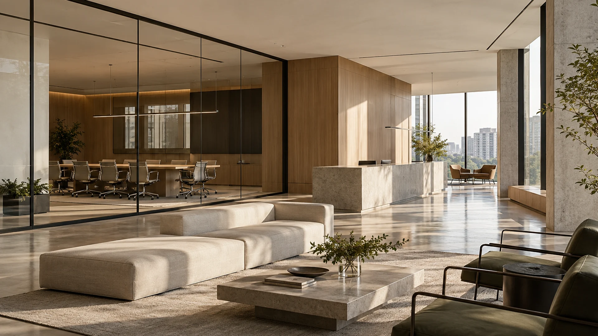 Imagem conceitual de lobby corporativo contemporâneo, com madeira, vidro e iluminação natural